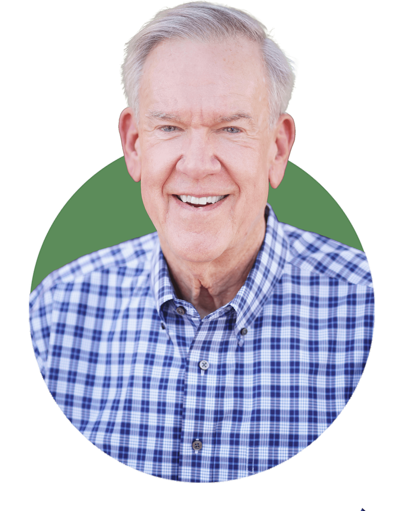 Older man with gray hair wearing a blue and white plaid shirt, smiling, in front of a green circular background, representing a trusted Arizona commercial contractor.