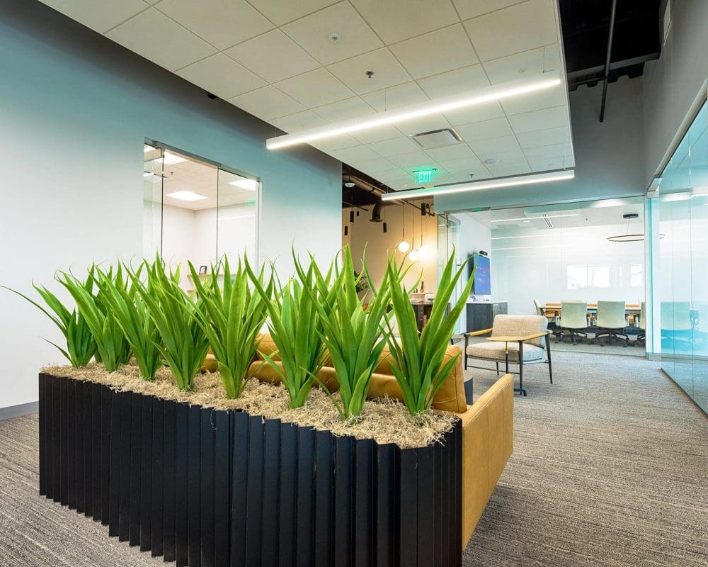 Modern office interior featuring a planter box with tall green plants, glass-walled conference room, and neutral-colored furniture—expertly crafted through professional general contracting services in Arizona.