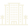 Simplified icon of a tall hotel building with rows of windows, flanked by two palm trees on each side, ideal for representing hotels or general contracting services in Arizona.